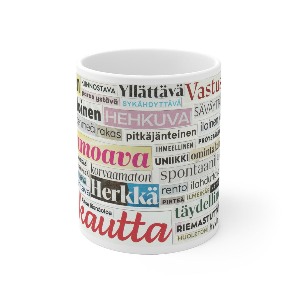 aitoa läsnäoloa sanakollaasi muki edestä